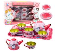 Set da tè in metallo per bambini con motivo gatti, rosa, 15 pezzi