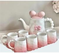 Set Da Tè Per Adulti Casa Bollitore Tazze Di Caffè In Ceramica Latte Mug Teiera Bow Cute Girly Pomeriggio Tazza Tè Set Rosa Gradiente In Tea Set Da Tè Portatili(B)