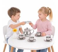 Set da tè per bambini, 13 pezzi, in acciaio inox per uso alimentare, per ragazze e ragazzi, con 4 tazze, piattini e cucchiai, utilizzato per feste di tè per bambini, giochi di ruolo