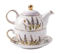 Set da tè per uno, set da 1 pezzo per tè per uno, teiera con tazza e piattino, elegante design lavanda-uccello-bicicletta, bianco, per