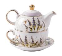 Set da tè per uno, set da tè da 1 pezzo, teiera con tazza e piattino, elegante design lavanda-uccello-bicicletta, bianco