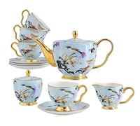 Set da Tè Tradizionale 11pcs Bone China Set Da Caffè Modello Di Uccello Europeo Tè Pentola Crema Zuccheriera Teiera Tazza Piatto Adulti(Blue)