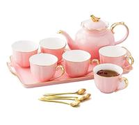 Set da Tè Tradizionale 14 pezzi Set da caffè in ceramica tè in stile europeo Phnom Penh Tazza Vassoio Forniture cucina per la casa Bicchieri Adulti(Pink)