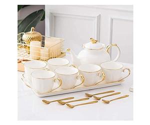 Set da Tè Tradizionale 14 pezzi Set da caffè in ceramica tè in stile europeo Phnom Penh Tazza Vassoio Forniture cucina per la casa Bicchieri Adulti(White)