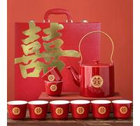 Set da tè tradizionale cinese in porcellana rossa, design con doppia felicità, set da tè Kung Fu con 1 teiera, 8 tazze da tè e confezione regalo, decorazione per matrimoni in ceramica fatta a mano per