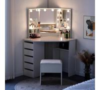 Set da toeletta con luci LED RGB Hollywood, scrivania da trucco curva con 5 cassetti, 3 specchi e sgabello, mobile da trucco per camera da letto