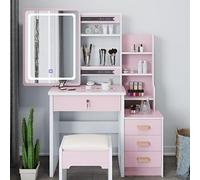 Set da toeletta con sgabello, specchio illuminato a LED, tavolo da trucco con 3 ripiani aperti, per camera da letto, elegante tavolo da toeletta 80 x 36 x 131 cm, mobili moderni per donne