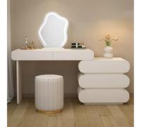 Set da toeletta con specchio LED a nuvola dimmerabile, in legno massello, scrivania per trucco e sgabello rotondo, 80 cm + 60 cm, tavolo da trucco per camera da letto, design elegante e funzionale