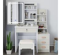 Set da toeletta illuminato a LED, con sgabello, tavolo da trucco con specchio, 3 ripiani aperti, per camera da letto, elegante, 80 x 36 x 131 cm, design moderno