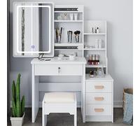 Set da toeletta illuminato a LED, con sgabello, tavolo da trucco con specchio, 3 ripiani aperti, per camera da letto, 80 x 36 x 131 cm, elegante tavolo da toeletta da donna