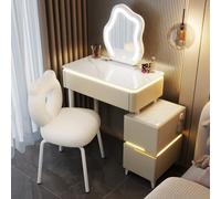 Set da toeletta in legno bianco con sgabello imbottito per camera da letto e spogliatoio, design salvaspazio, color cachi morbido, 70 cm, elegante tavolo da trucco