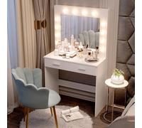 Set da toeletta Jooli H con specchio illuminato a LED, tavolo da trucco con 2 grandi cassetti e sgabello - set da toeletta per il trucco, bianco DESIGN MODERNO - Le luci a LED hanno ricevuto la certif