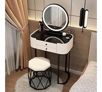 Set da toeletta moderno con specchio illuminato, toeletta per camera da letto, sgabello imbottito, 2 grandi cassetti, piano in vetro temperato nero, idea regalo da donna, bianco e nero, 50 cm