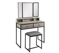 Set da toeletta pieghevole da 3 pezzi con sgabello imbottito con specchio, 2 cassetti, tavolo da trucco grigio B1 90 x 40 x 142 cm, elegante tavolo da toeletta per camera da letto e sala trucco