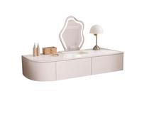 Set da toletta galleggiante, design ad angolo con cassetti, struttura moderna in legno bianco e specchio