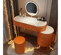 Set da trucco angolare con specchio girevole a 360°, comò da donna con 5-6 cassetti, scrivania per trucco e sgabello rotondo arancione, elegante toeletta per la casa e la bellezza.