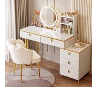 Set da trucco bianco con specchio e sgabello, 5 cassetti, 6 ripiani, tavolo con luci a LED con 3 colori regolabili, mobili per camera da letto per ragazze, F-100 cm