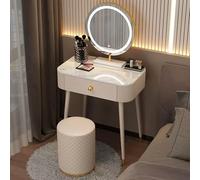 Set da trucco bianco con specchio rotondo e sgabello, tavolo da toeletta da 80 cm, elegante gambe in metallo, design compatto, perfetto per la decorazione della camera da letto, larghezza 50 cm