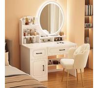 Set da trucco compatto bianco con specchio LED, cassetti eleganti, sedia in legno ingegnerizzato e sgabello a petalo, ideale per la bellezza e la bellezza della camera da letto.