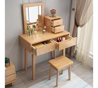 Set da trucco compatto con sgabello imbottito e specchio con cassetto, elegante tavolo da toeletta in legno per camera da letto, design salvaspazio, 80 x 40 x 75 cm