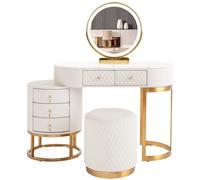 Set da trucco con LED e sgabello, 5 cassetti, in ecopelle bianca, specchio illuminato, ideale per camerette delle ragazze, tavolo da toeletta da 100 cm