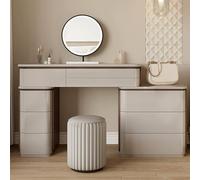 Set da trucco con specchio a LED con sgabello rotondo, 2 armadietti laterali, tavolo da toeletta kaki, per camera da letto, 100 cm, stazione di trucco con contenitore