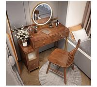 Set da trucco in legno con sgabello imbottito, luci LED, specchio rotondo, 2 cassetti, 80 cm, finitura noce, elegante tavolo da toeletta per spazi eleganti