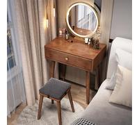 Set da trucco in noce con specchio regolabile e illuminazione touch screen a 3 colori, sgabello in legno imbottito, scrivania da 60 cm, ideale per bellezza e toelettatura.