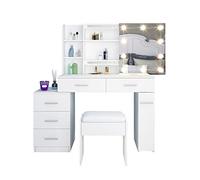 Set da trucco moderno con luci a LED, specchio scorrevole, 5 cassetti, 6 ripiani e sgabello imbottito, per camera da letto, colore: bianco