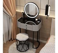 Set da trucco moderno con specchio illuminato, sgabello imbottito, 2 grandi cassetti, piano in vetro temperato, elegante design grigio e nero, per donne, 50 cm
