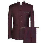 Set da uomo 2 pezzi tunica cinese colletto alla coreana blazer set giacca con bottoni e pantaloni set tradizionale uniforme sposo abito, Vino Reda3, XX-Large