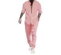 Set da uomo a righe con colletto Hengli camicia pantaloni casual cotone lino set spilla fiore per abito da uomo, rosa, L