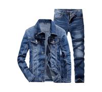 Set da uomo Blu Jean Giacche Abiti Multi Tasche Allentato Casual Cotone Vintage Street Denim Jacket+Pantaloni Per Gli Uomini, Blu, XL