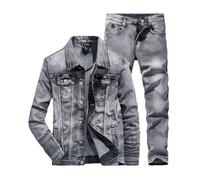 Set da uomo Blu Jean Giacche Abiti Multi Tasche Allentato Casual Cotone Vintage Street Denim Jacket+Pantaloni Per Gli Uomini, grigio, S