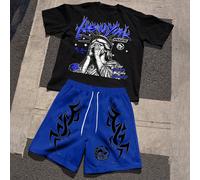 Set da uomo composto da maglietta a maniche corte con stampa della Statua della Libertà e lettere, e pantaloncini casual con coulisse in vita e tasche L,M,S,XL,XS,XXLRitratto,Grafico,LetterePoliestere
