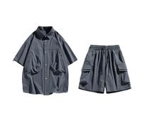 Set da uomo composto da maglietta e pantaloncini, stile giapponese, multi tasca, in seta ghiacciata, 2 pezzi, Grigio scuro9, 4XL
