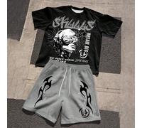 Set da uomo composto da t-shirt a maniche corte con stampa di lettere e ritratti e pantaloncini con coulisse in vita, completo da due pezzi L,M,S,XL,XXLRitratto,HalloweenTessuto in maglia