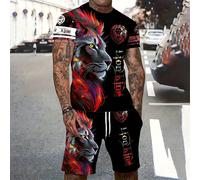 Set da uomo composto da t-shirt casual a maniche corte con grafica del leone e scritta, e pantaloncini con cordoncino in vita L,M,S,XL,XS,XXLAnimale,Grafico,LettereTessuto in maglia