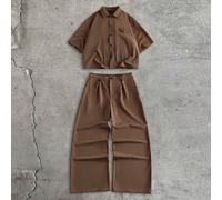 Set da uomo con camicia a maniche corte con bottoni davanti e pantaloni lunghi L,M,S,XL,XSColore unicoPoliestere