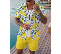 Set da uomo con camicia a maniche corte e pantaloncini con stampa limoni siciliani, stile vacanza, adatto per vacanze al mare, viaggi, stile estivo da strada, che emana il fascino di un gentiluomo sol