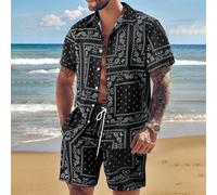 Set da uomo con camicia a maniche corte leggera con stampa paisley e bottoni singoli & pantaloncini con coulisse elastica e tasche, camicia con motivo retrò West Coast a fiori di anacardo + pantalonci