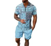 Set da uomo con camicia e pantaloncini, 2 pezzi, tuta estiva a maniche corte e pantaloncini elasticizzati in vita, pantaloncini da allenamento per allenamento, set per uomo casual e pantaloni della