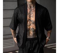 Set da uomo con camicia kimono e pantaloncini in tessuto strutturato con stampa leopardata, stile casual essenziale per vacanze e uscite quotidiane, adatto a uomini maturi L,M,S,XL,XS,XXLstampa dapper