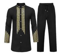 Set da uomo con vestaglia musulmana + pantaloni a maniche lunghe con stampa dorata, camicia tradizionale a tunica e pantaloni elasticizzati in vita con coulisse, abiti etnici alla moda, Nero , S