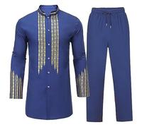 Set da uomo con vestaglia musulmana + pantaloni a maniche lunghe con stampa dorata, camicia tradizionale a tunica e pantaloni elasticizzati in vita con coulisse, abiti etnici alla moda, Blu, XXL