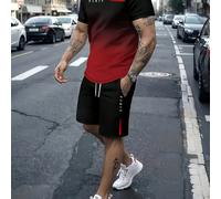 Set da uomo estivo, 2 pezzi, composto da maglietta a maniche corte e pantaloncini, colori nero e grigio con stampa sfumata a lettere "PARIS", adatto per sport all'aperto, casual, uso quotidiano, runni