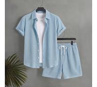 Set da uomo estivo casual per vacanze e pendolarismo, composto da camicia a maniche corte in tessuto a nido d'ape di colore unito e pantaloncini con coulisse in vita, adatto per la spiaggia L,M,S,XL,X