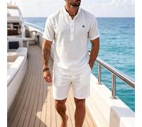 Set da uomo estivo con camicia pullover a maniche corte in finto lino sottile a righe casual ampia con patchwork e pantaloncini a tinta unita con vita elastica L,M,S,XL,XSGeometrico,A strisceTessuto i