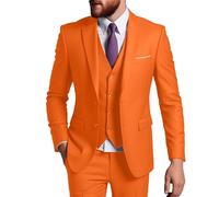 Set da uomo formale da lavoro, 3 pezzi, tinta unita, con due bottoni, per testimoni dello sposo, giacca e pantaloni, Arancione, M