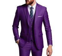Set da uomo formale da lavoro, 3 pezzi, tinta unita, con due bottoni, per testimoni dello sposo, giacca e pantaloni, Viola, XXS